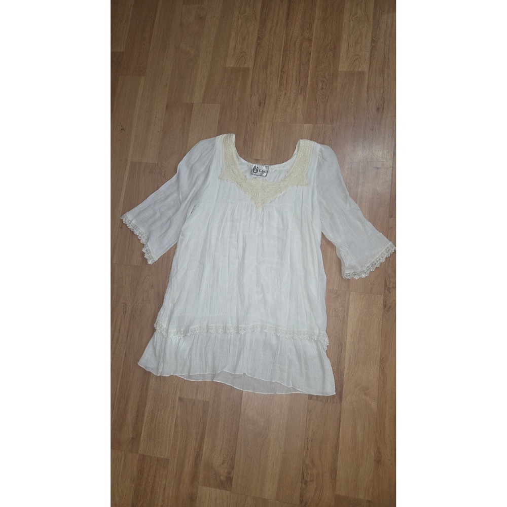 L&B Lucky & Blessed Ivory Lace Trim Boho Tunic Top XL Gauze Tiered Bell Sleeve